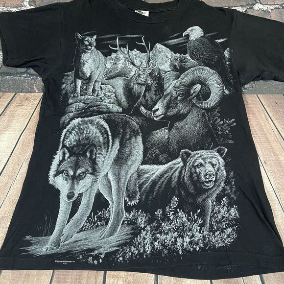 Vintage 90s Wolf Bear Deer Eagle Nature T-Shirt Men’s Large AOP All Over Print - Picture 2 of 9